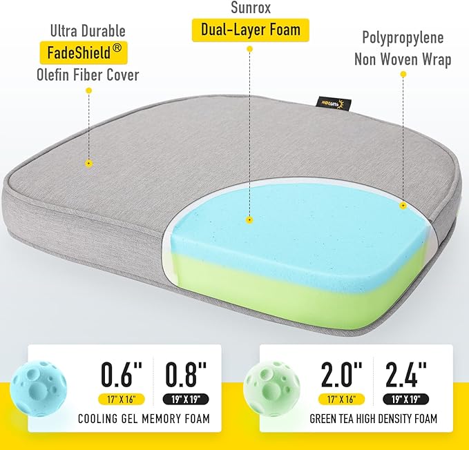 SUNROX Gel Memory Foam Chair Cushions, FadeShield Water-, Stain-Resistant Durable Reversible Seat Cushion Pads with Ties for Indoor/Outdoor Kitchen Dining Office, 17"x16", Set of 6, Heather Grey