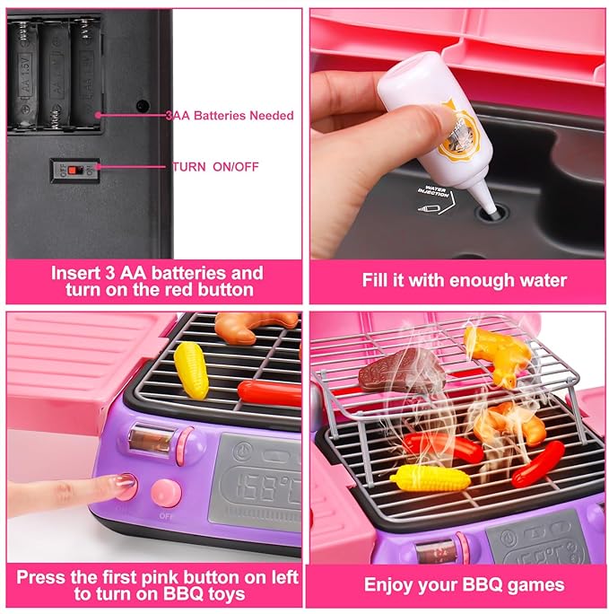 Kids BBQ Grill Playset Kitchen Toy Set with Pretend Smoke Sound Light Toddler Girls Pink Play Food Ages 3-5 4-8 Indoor Outdoor Cooking Barbecue Toys for 3 4 6 Year Old Girl Birthday Gift