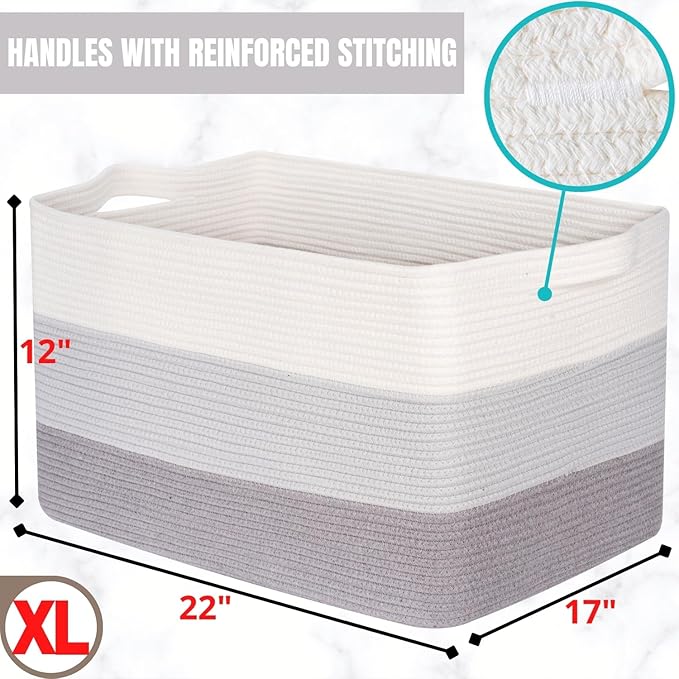 MINTWOOD Design 22in Extra Large Blanket Basket Holder Living Room, Rectangle Rope Woven Storage Basket with Handles for Laundry, Pool Towels, and Shoes, Dog Toy Organizer Bin Box, 3-Tone Light Gray