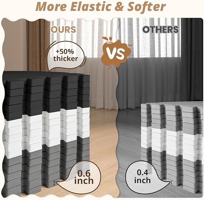16 Tiles Baby Play Mat for Floor, EVA Foam Baby Floor Play Mat with 0.6 Inch Thick Interlocking Foam Tiles, Foam Floor Tiles for Baby, Toddlers and Kids (Gray-White- Black, 16PCS)