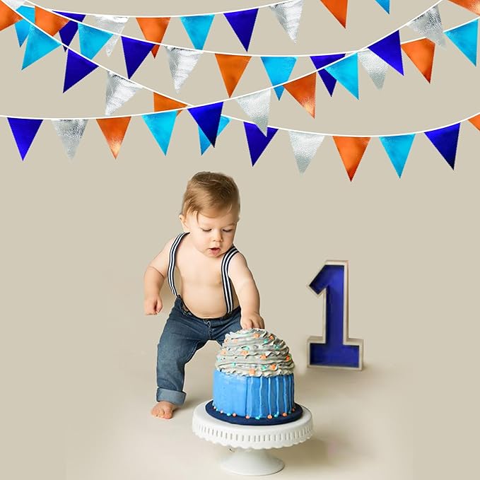 Orange Blue Silver Party Decorations Metallic Fabric Triangle Pennant Banner Flag Bunting Garland for Space Theme Birthday Wedding Bridal Shower Baby Shower Engagement Graduation Party Supplies
