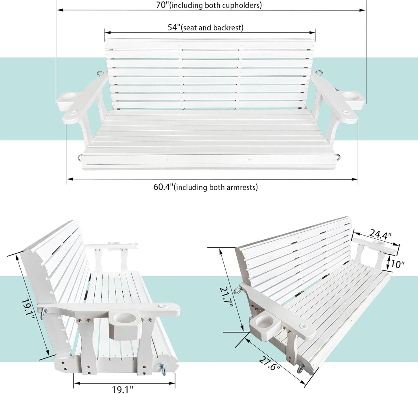 Wooden Porch Swing 3-Seater, High Backrest and Deep Seat, Bench Swing with Cupholders, Hanging Chains and 7mm Springs, Heavy Duty 880 LBS, for Outdoor Patio Garden (Pure White, 5 FT Extra Large)