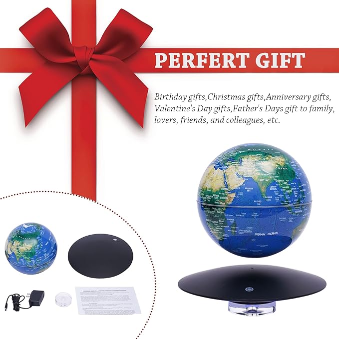 6" Magnetic Levitation Floating Globe Anti Gravity Rotating World Map with LED Light 7 Colors Display Floating Globe for Children Educational Gift Home Office Desk Decor (Blue-UFO Base)