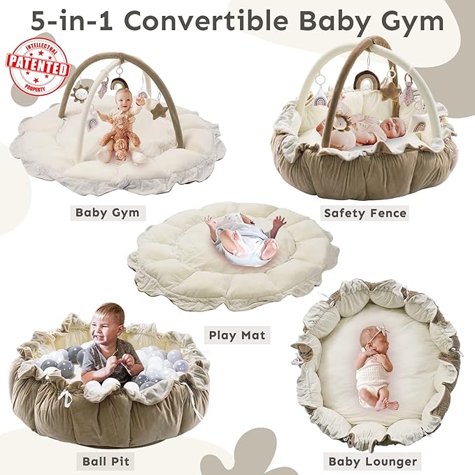 5-in-1 Thick & Plush Baby Play Gym, Baby Play Mats for Floor, Tummy Time Mat with 6 Toys, Cat Bed, Dog Bed, Convertible Stage-Based Developmental from Babies to Toddler, Ball Pit, Pet Cushion, Brown