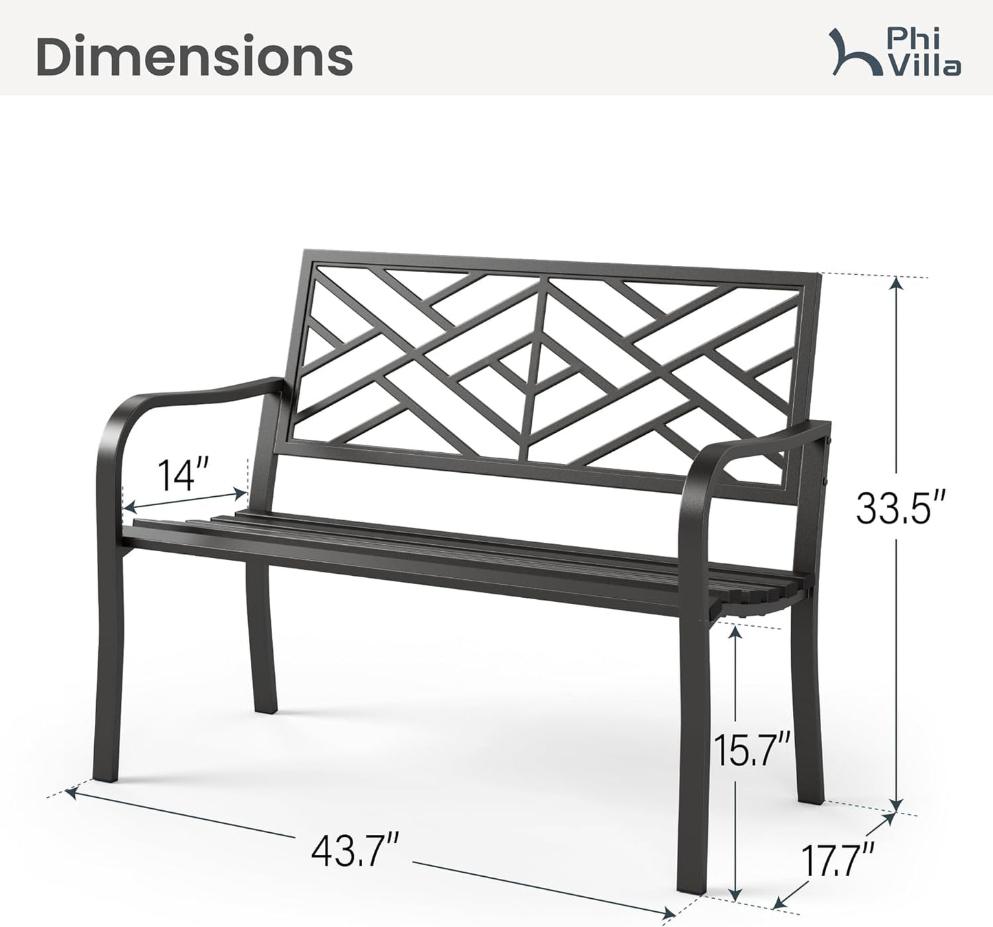 PHI VILLA 43 Inch Cast Iron Steel Frame Outdoor Garden Bench, Patio Furniture Chair Bench w/Line Pattern Design Backrest, Slatted Seat for Park, Yard, Porch - Black