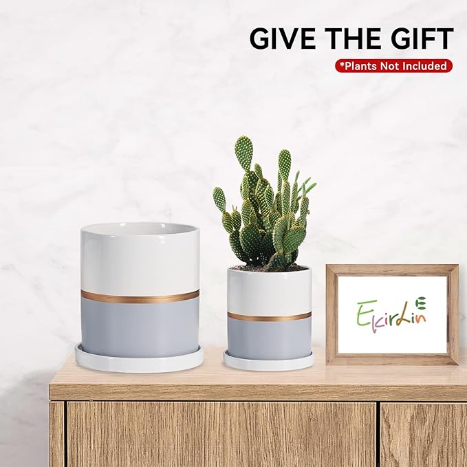 Ekirlin 6 inch Plant Pot - Ceramic Flower Planters Indoor - Modern Succulents Containers with Drain Hole Saucer, Decorate Home, Office & Outdoor (Grey)
