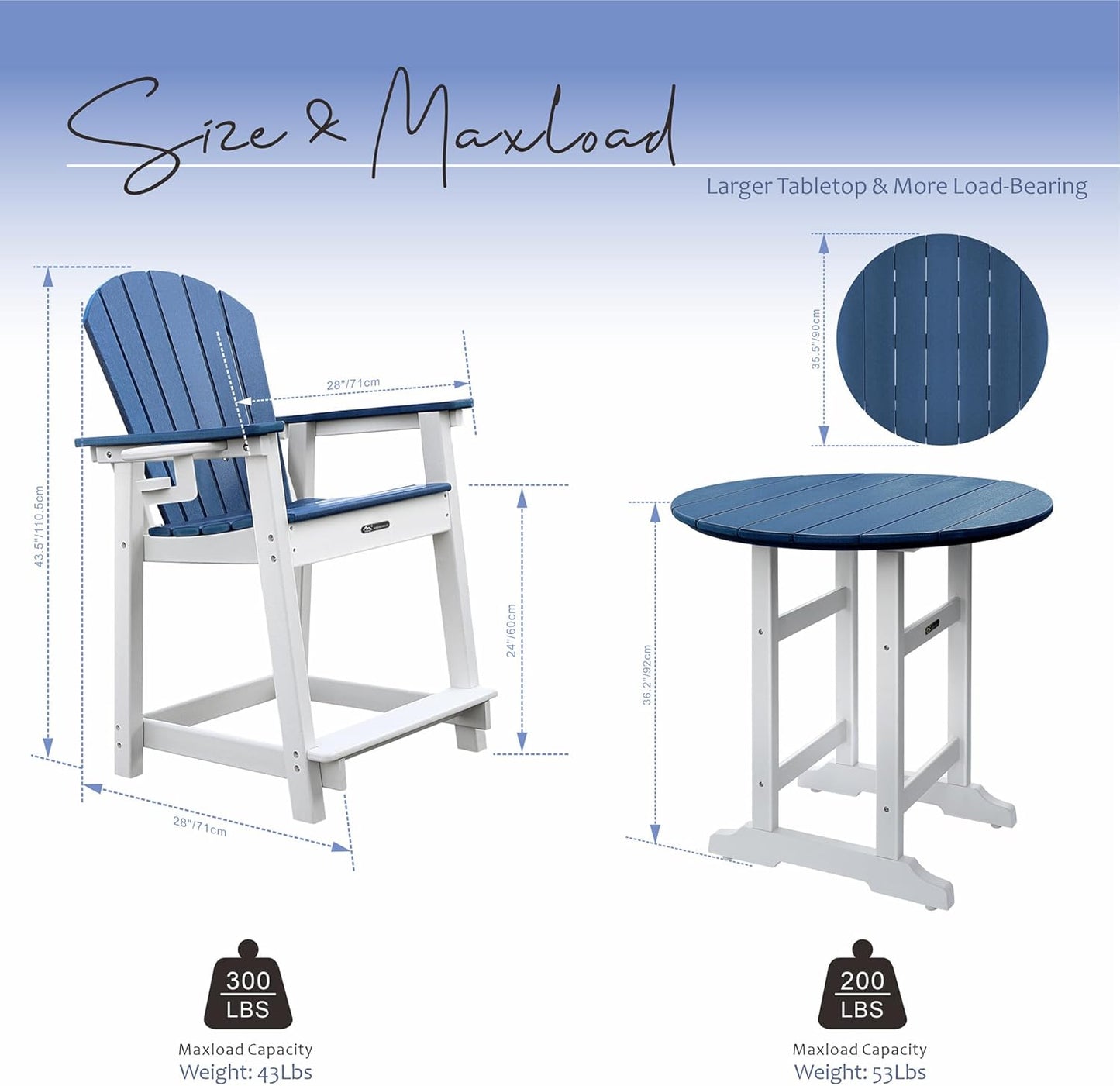 Tall Adirondack Chairs Patio Bar Tables Set of 3, Weather Resistant HDPE 35" Round Outdoor Bar Adirondack Barstools Plastic Height Table Pub, for Garden, Backyard, Yard, Pool, Fire, Pit (Blue)