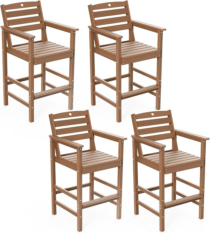 Tall Adirondack Chairs Set of 4, HDPE Wood Balcony Adirondack Chairs Set with Heart Cutout Design, Weather-Resistant Bar Height Furniture for Deck, Porch, Pool (Teak)