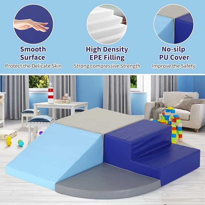 Kids Corner Climber 4-Piece Set Climbing Toys for Toddlers 1-3, Soft Babies Climb Foam Play Set Safe Indoor Baby Crawling Blocks Children Foam Toys for Kids Crawling and Sliding, Blue