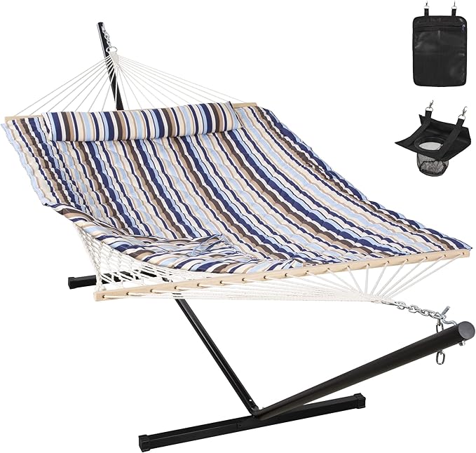 ANOW Outdoor Double Hammock with Stand, Portable Hammock with Detachable Pillow and Pad for Garden Yard Outside, 450 LBS Weight Capacity, Blue Seaside