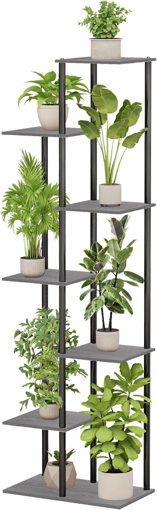 Plant Stand Indoor 7 Tier 8 Potted Metal Wood Plant Shelf, Multiple Flower Pots Corner Tall Plant Holder Stands for Living Room Balcony Bedroom, Oak Grey