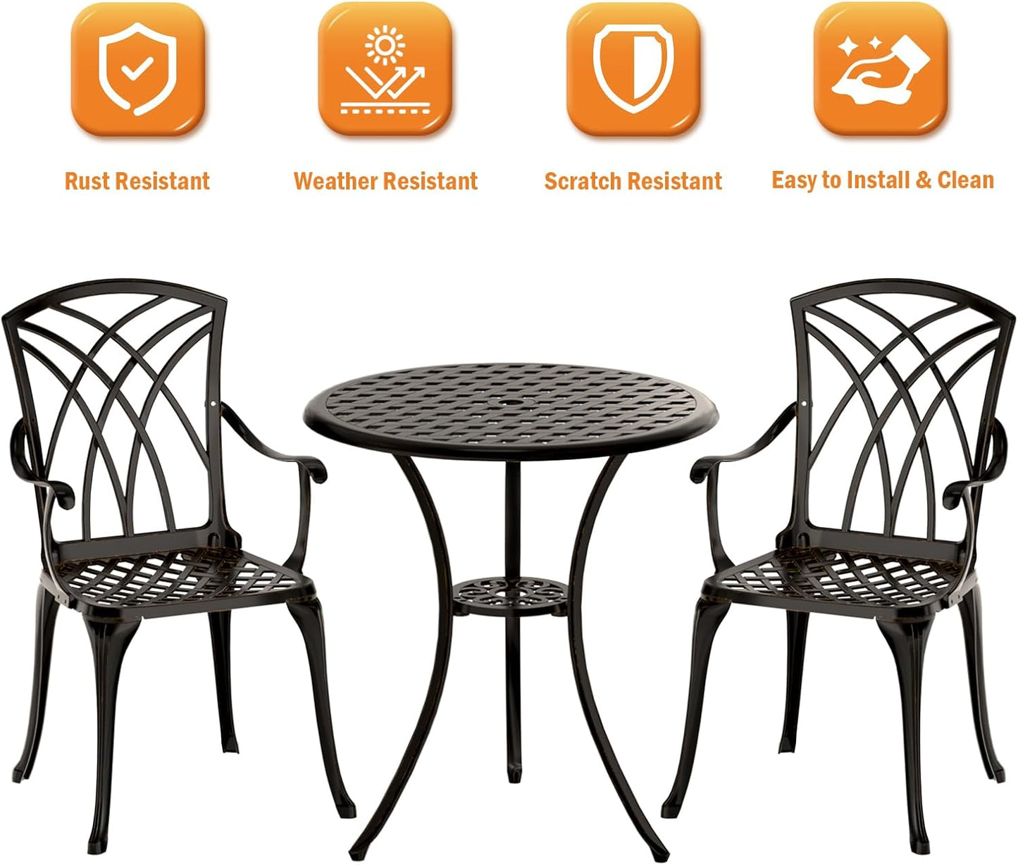 Patio Bistro Set 3 Piece, Cast Aluminum Bistro Set for 2 w/Umbrella Hole, Outdoor Table and Chairs Set of 2, Bistro Set for Balcony/Backyard/Garden, Black