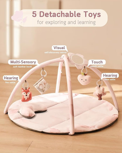 Fortella Baby Play Gym & Activity Mat, Tummy Time Mat w 5 Detachable Toys and Pillow, Large Sensory Playmat for Floor, Newborn Infant Baby Essentials Shower Gift 0-3-6-9-12 Months (Rose Pink)
