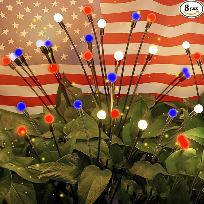 OZS 8pack Solar American Flag Lights - 4th of July Solar Garden LED Outdoor Waterproof Firefly Light for Memory Day, Independence Day, National Day Decoration (Red White Blue)