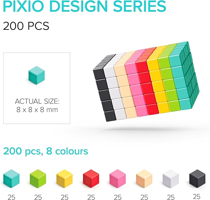 PIXIO - Tiny Magnetic Blocks Building Toy in Pixel Art Style with Free App - 5/16" Plastic Cubes with 6 Magnets Inside - Open Ended Toy - Ages 6+