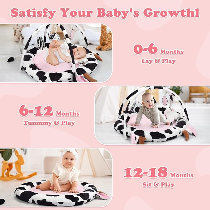 Pink Cow Baby Play Gym,Tummy Time Mat with 6 Sensory Toys, Extra Thick Soft Baby Play Mat for Floor, Newborn Essentials Christmas Gift 0-3-6-9-12 Months