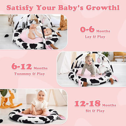Pink Cow Baby Play Gym,Tummy Time Mat with 6 Sensory Toys, Extra Thick Soft Baby Play Mat for Floor, Newborn Essentials Christmas Gift 0-3-6-9-12 Months