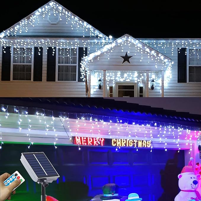 Upgraded Solar Christmas Icicle Lights,304 LED Outdoor Christmas Decorations 8 Modes Waterproof Solar Icicle Lights for Patio Yard Garden Wedding Party House Xmas Tree Roof Decorations(Cool White)