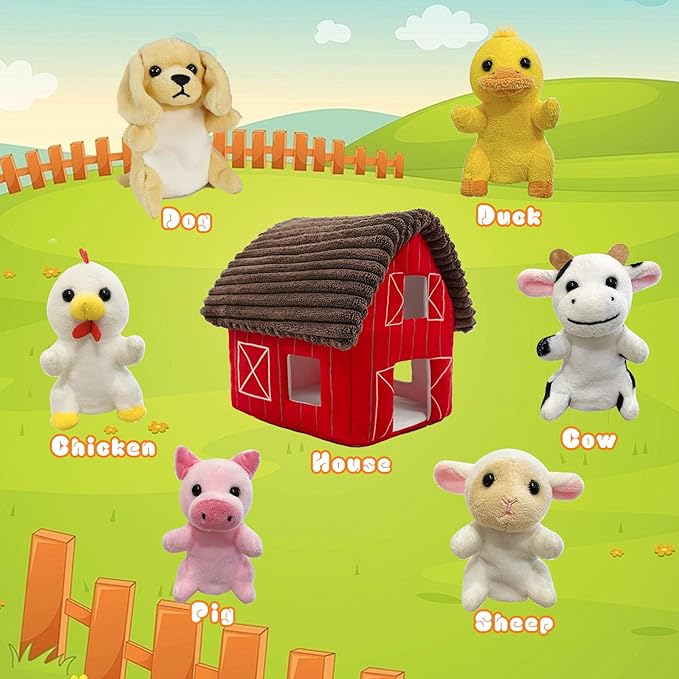 6 Pcs Farm Animals Finger Puppet with Farm Houses, Realistic Soft Plush Toy for Kids, Novelty Animals Toys Role-Playing Story Finger Puppets Plush Finger Puppets Gifts for Boys and Girls