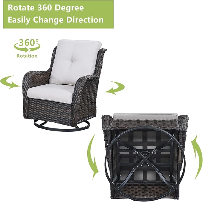 Outdoor Wicker Patio Furniture Set - 5 Pieces Rattan Patio Conversation Set with 2 Rocking Swivel Chairs,2 Ottomans and 1 Side Table for Porch Deck Backyard Garden(Brown/Beige)