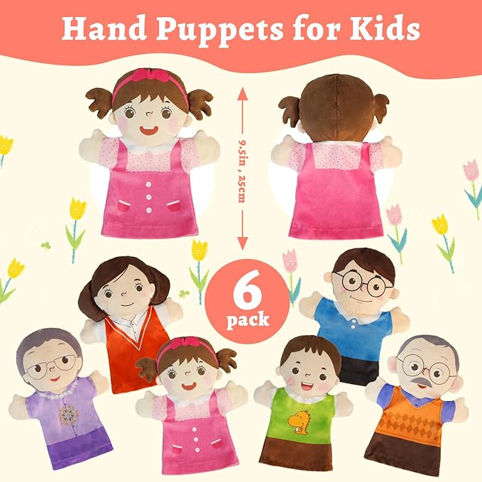 6 Pcs Family Hand Puppets for Kids 9.8 Inch Family Members Puppet Set Mom, Dad, Grandparents, Boy, Girl Soft Plush Hand Puppet Theater Plush Gift Toys for Toddlers Ages 1-3, 4-8 Story Role Play