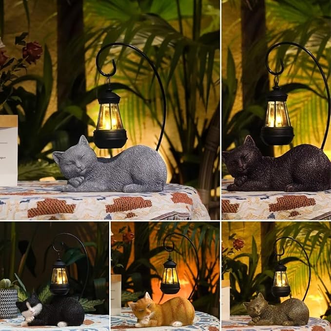Solar Cat Garden Statue with Lantern, 13 Inch Tall Figurine for Outdoor Decor, Yard, Patio, Lawn and Porch, Solar-Powered Lights Sculpture