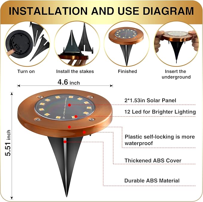 Outdoor In-Ground Lights Solar Disc Lights Outdoor Solar Garden Lights In Ground Solar Landscape Light 8 Pack 12 led for Pathway Yard Patio Walkway(Bronze, 8 Pack)
