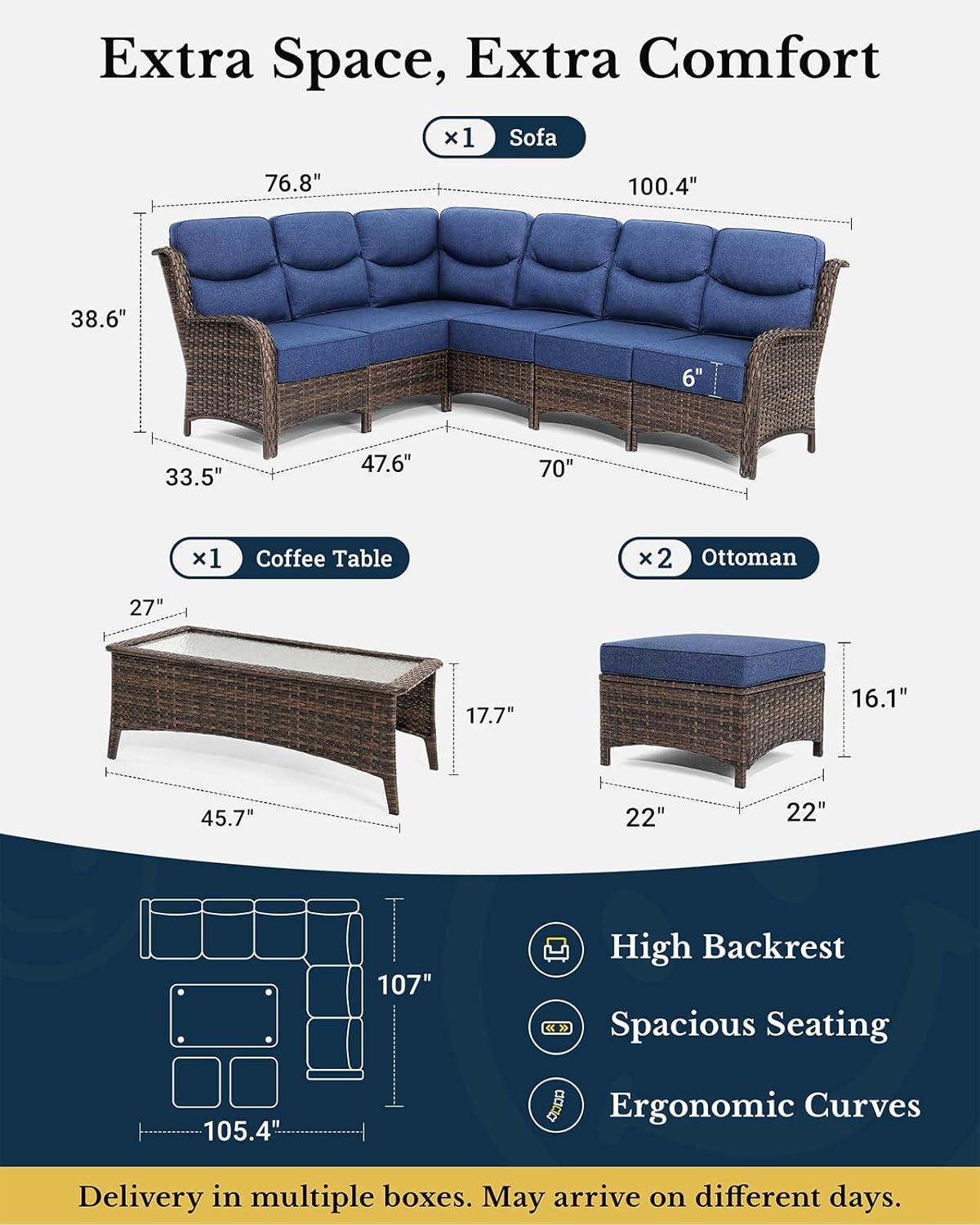 HILLGA Luxury Patio Furniture Set with 6-inch Thick Cushion, Outdoor Sectional Sofa and Coffee Table, 4PCS Wicker Conversation Set for Deck Yard and Poolside, Blue (V2)