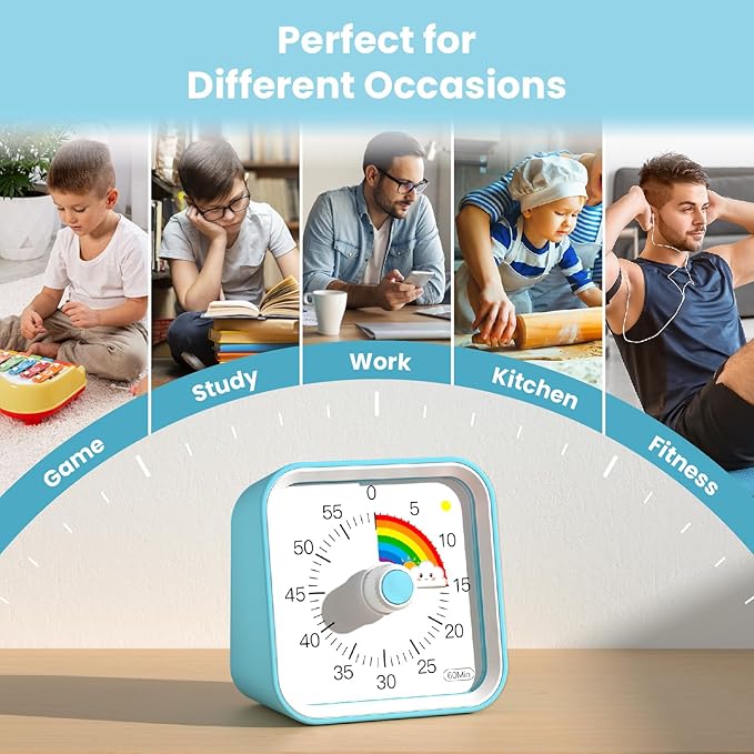 Visual Timer for Kids with Pause Function, Cute Silent Timer with Rainbow for Classroom, Teaching, Task, Kitchen, 60 Minute Countdown Time Management for ADHD (Rainbow Blue)