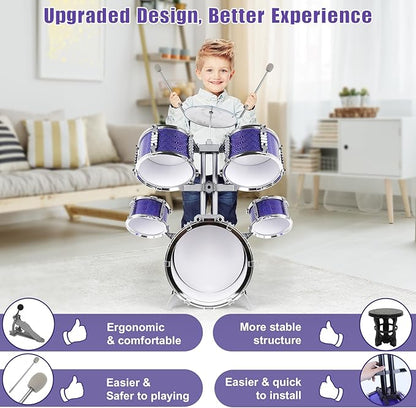 M SANMERSEN Kids Toys Jazz Drum Set - Upgraded Rock Drum Kit with Stool Musical Instruments Educational Birthday Christmas Toys Gifts for Toddlers Child Boys Girls Aged 3 4 5 6 7 8 Year Old