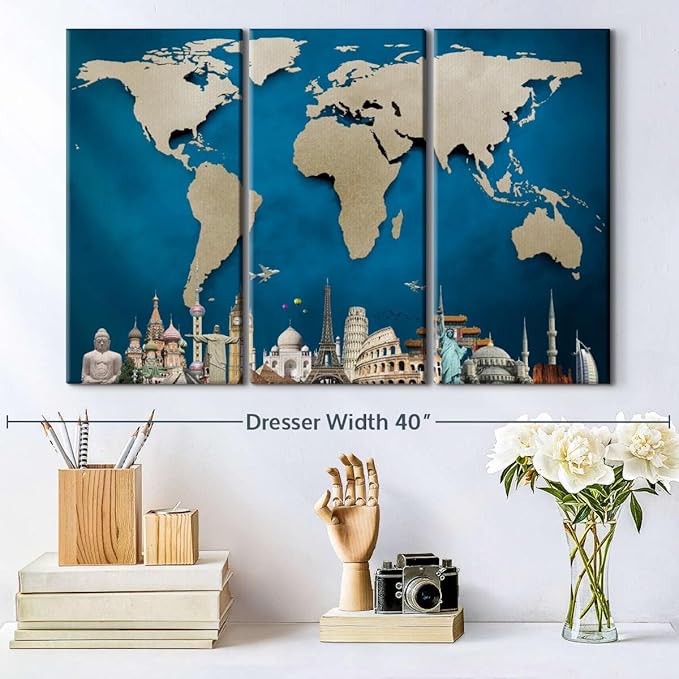 ElephantStock Ocean Blue World Map Multi Piece Canvas - 3 Panel Wall Decor - Map of the World Art - Canvas for the Office and Home - 33" X 20"