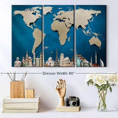ElephantStock Ocean Blue World Map Multi Piece Canvas - 3 Panel Wall Decor - Map of the World Art - Canvas for the Office and Home - 33" X 20"