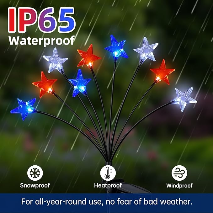 4th of July Decorations Solar Garden Lights, Fourth of July Red White and Blue Star Solar Lights Outdoor, Waterproof Patriotic Decor with 9 LED 2 Lighting Modes for Independence Day, 4 Pack