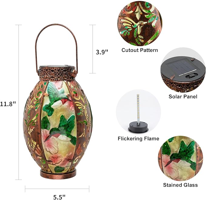 Hanging Solar Lantern Outdoor Waterproof Glass Solar Hummingbird Flickering Flame LED Garden Lights Metal Hollowed-Out Table Lamps Garden Decorations for Yard Patio Pathway Tabletop Tree Holiday
