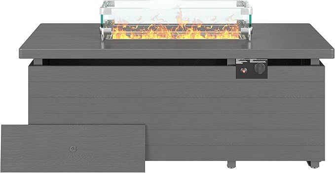 Sundale Outdoor 51 Inch Outdoor Fire Pit Table, 50,000 BTU Rectangle Propane Fire Pit with Glass Wind Guard, Rain Cover, Removable Lid, Matching with Outdoor Furniture Sets, CSA Certified, Gray