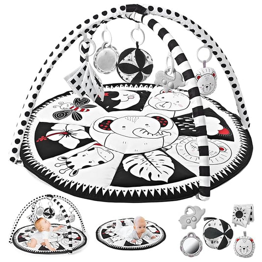 Black and White Tummy Time Mat, Play Mat for Babies 0-6 Months High Contrast Baby Play Activity Gym Baby Tummy Time Play Mat with 5 Toys for Early Sensory Exploration Newborn Infant Baby Playmat