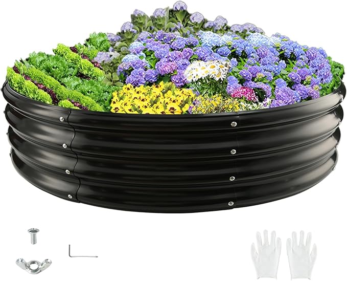 Durable Round Galvanized Steel Raised Garden Bed for Planting,Round Galvanized Steel Fire Ring/Fir Pit for Outdoor- 5×5×1FT,0.8MM Thick(Black, 60 ins Diameter x 12 ins high)