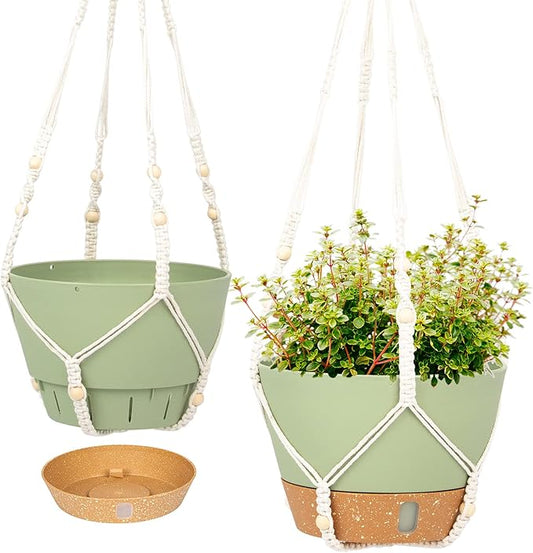 QCQHDU 2 Pack Hanging Planters for Indoor Plants, Outdoor Flower Hanging Baskets, Self Watering Pots with Drainage Holes & Removable Tray (Green, 10 inch, Macrame Hanger)