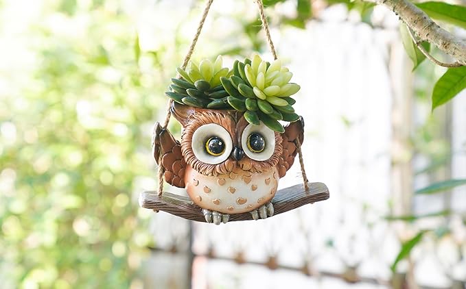 Swing Owl Hanging Planters for Indoor Plants, Cute Small Succulent Pots with Drainage Hole, Unique Resin Plant Hangers Outdoor, Hanging Plant Holder for String Of Pearls, Gift Ideas for Mother