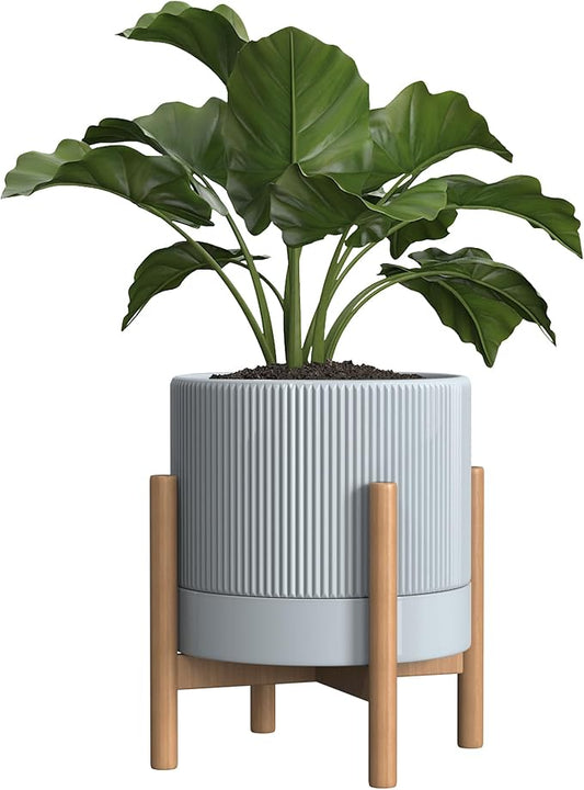 Ceramic Planter Pots Indoor with Drainage Hole & Saucer,Including Stand,7.3 Inch Mid-Century Modern Cylinder Plant Pot for Snake Flower Leaf Blue