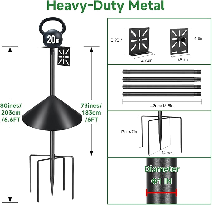 Smart Bird Feeder Pole with Squirrel Baffle & Bath-Heavy Duty Adjustable 3-6.6ft Universal Stand Mount for Backyard&Outdoor Bird Houses/Cameras (80'Pole-Baffle)