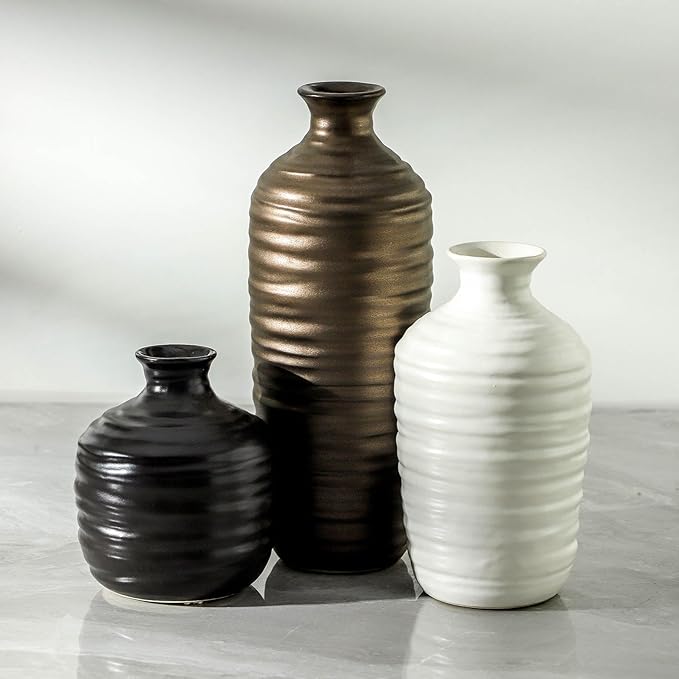 Ceramic Vase Set of 3 Neutral Decorative Vase for Farmhouse, Boho, or Rustic Home Decor Pottery Vases for Living Room Bathroom Table Mantel Fireplace Entryway Shelf (01-Metallic)