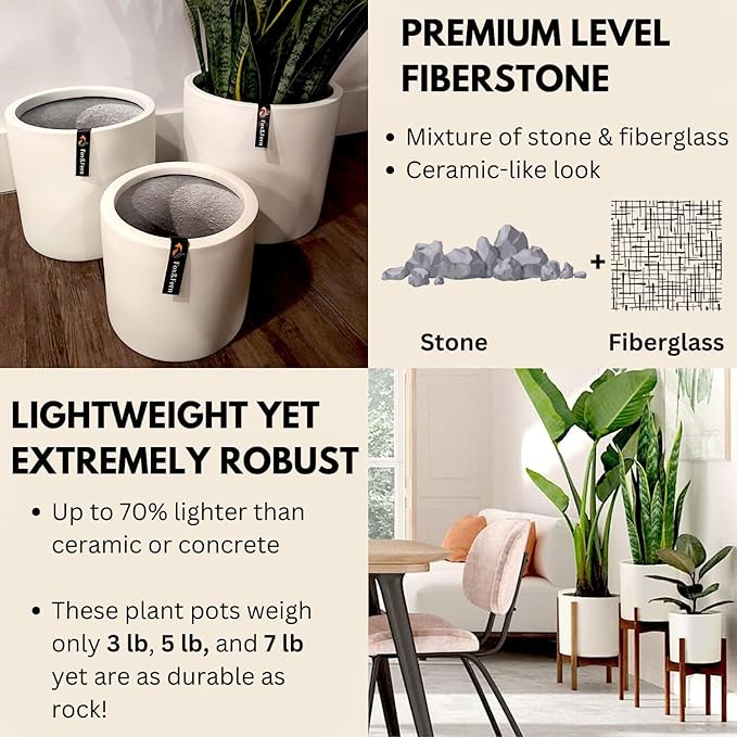 Fox & Fern Matte White Plant Pots with Drainage Plug (Set of 3) — Premium Lightweight Fiberstone 8, 10, and 12 Inch Planters for Indoor and Outdoor Use; Weather Resistant & UV Resistant