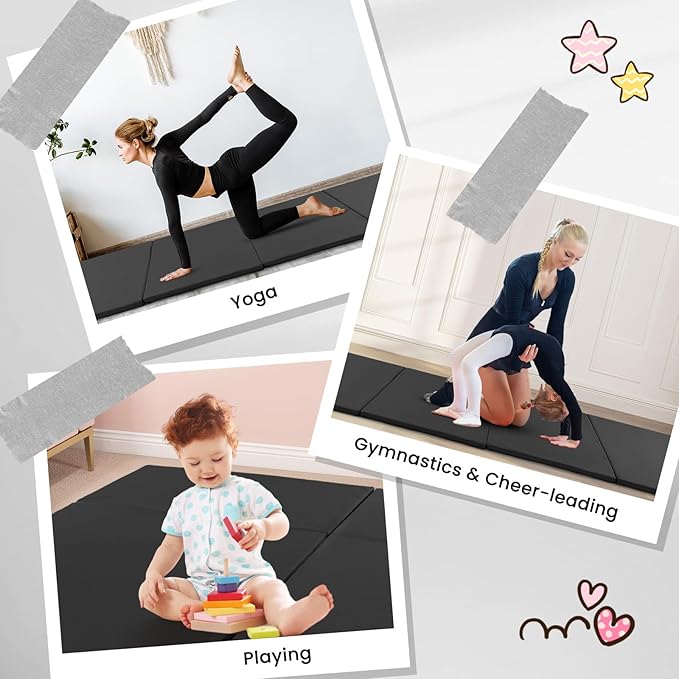 Giantex 4'x10'x 2" Gymnastics Mat, 4-Panel Folding Aerobics Exercise Mat w/Hook & Loop Fastener, Carrying Handle, Portable Tumbling Mat for Stretching Yoga Cheerleading Martial Arts