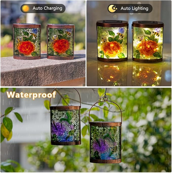 Starsoul 2 Pack Hanging Solar Lantern Outdoor Waterproof Glass Bee and Flowers Decorative Solar Lights for Outside Garden Yard Table Patio Decor