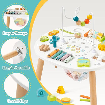 Giant bean® Wooden Activity Table for 1 Year Old, 11-in-1 Montessori Learning Table with Bead Maze, Shape Sorter, Fishing Game & More – Sensory Development Toy for Toddlers, Ideal 1st Birthday Gift