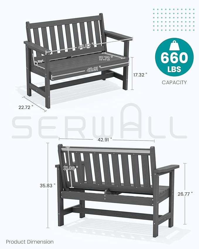 SERWALL Outdoor Bench, HDPE Outdoor Benches Weatherproof, 2-Person Garden Bench with 660 lbs Weight Capacity, Patio Benches for Outdoors, Garden, Porch, Backyard and Park, Grey
