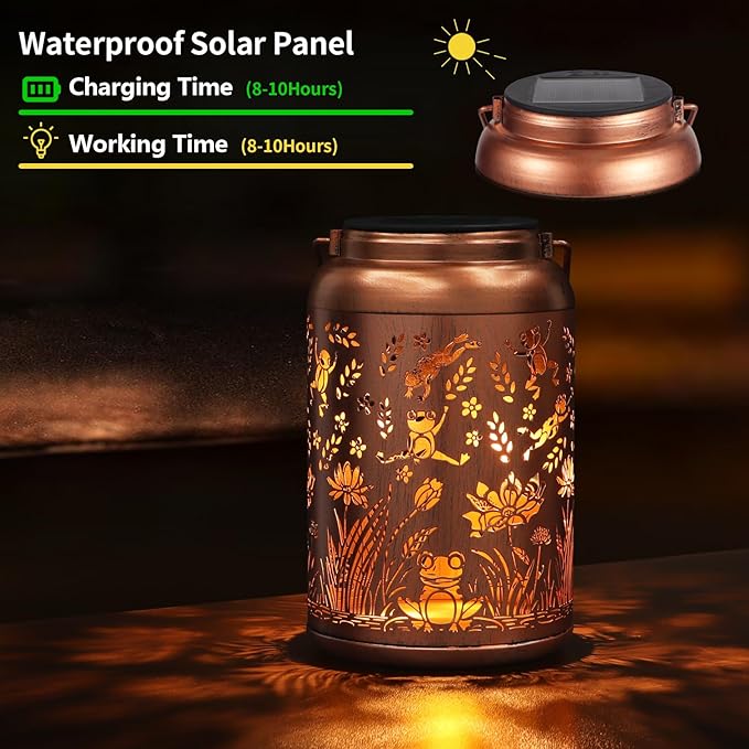 Frog Decoration Solar Lanterns Outdoor Waterproof Garden Decor Gifts for Women Mon Grandma Metal Hanging Solar Lights for Outside LED Lanterns for Yard, Patio, Lawn, Tabletop, Pathway, Landscape