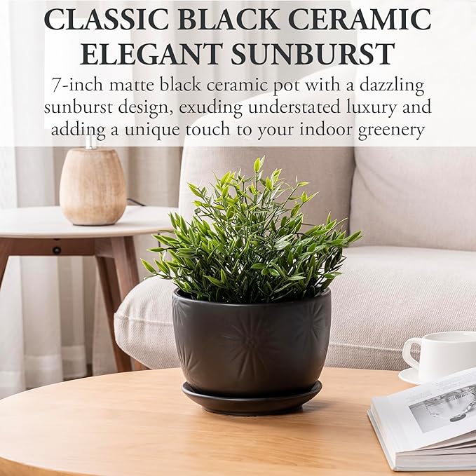 MyGift 7 Inch Round Matte Black Ceramic Plant Pot with Drainage Hole and Attached Saucer, Modern Decorative Embossed Sunburst Planter Container for Indoor Home Garden
