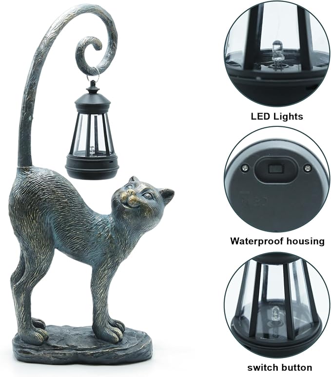 Resin Cat Statue with Solar Lantern, Eye-catching Garden Sculpture Decor，15.3" Height Outdoor Figurine for Garden Yard Patio Decorations，Birthday Gifts